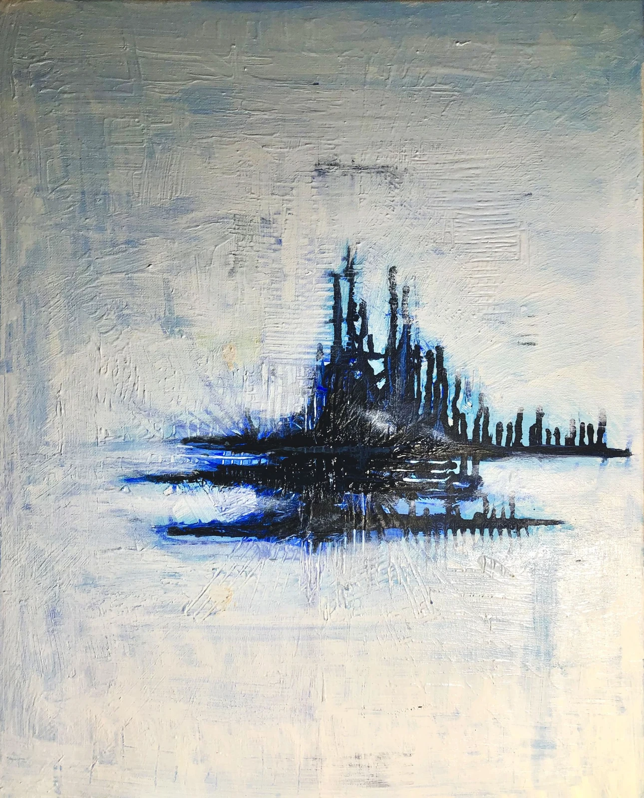 Abstract blue and black cityscape painting on a textured light background