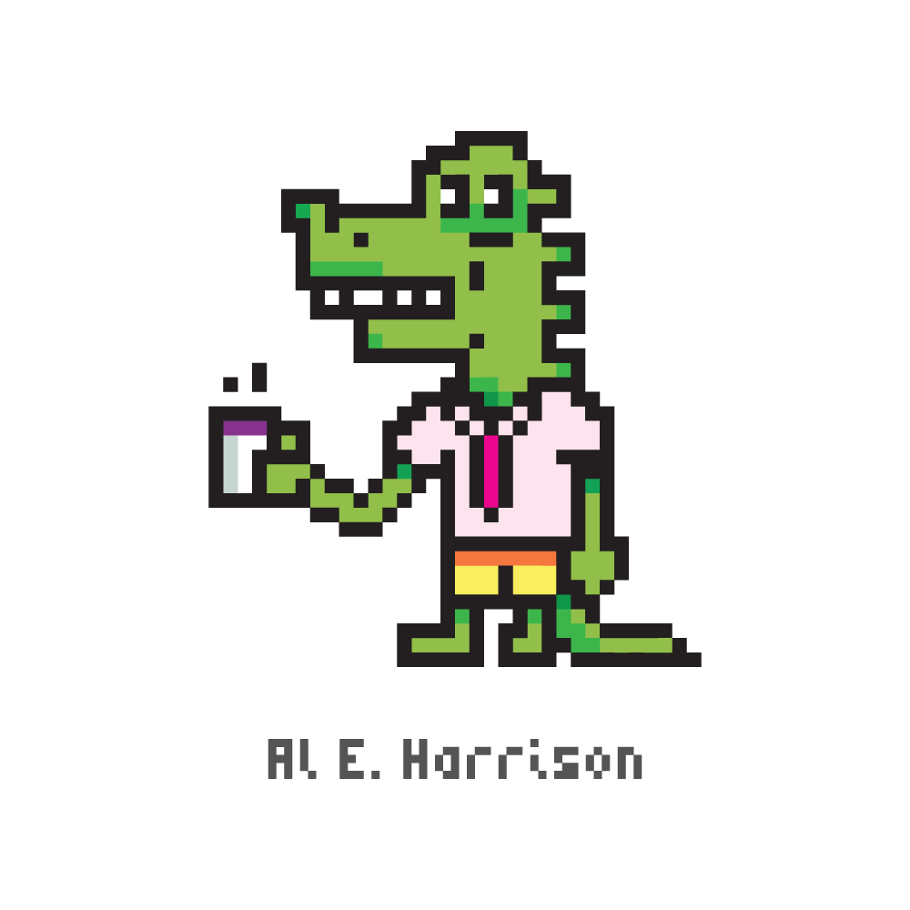 Pixel-art green alligator character holding a drink, labeled A.E. Harrison