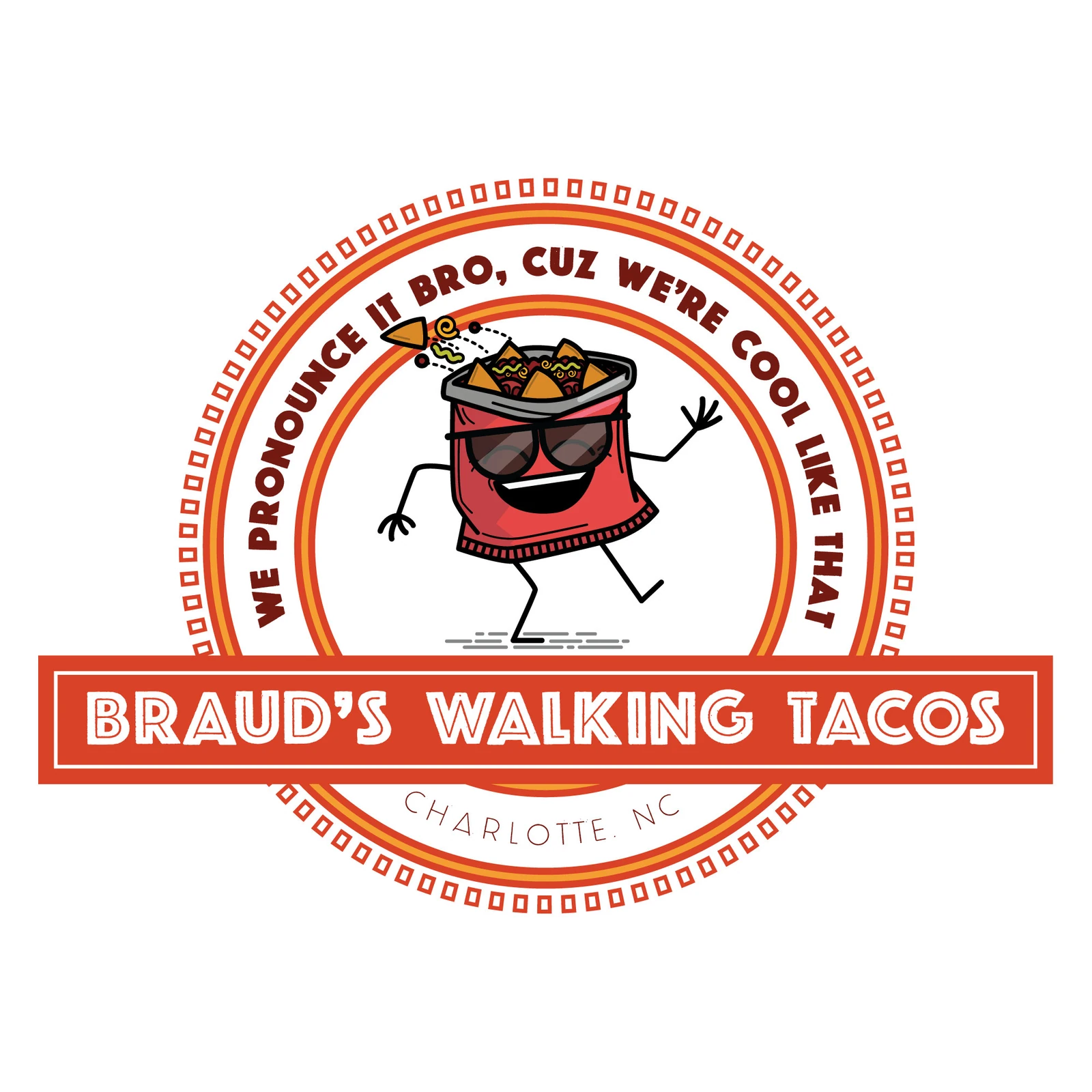 Braud's Walking Tacos illustrated badge and mascot design