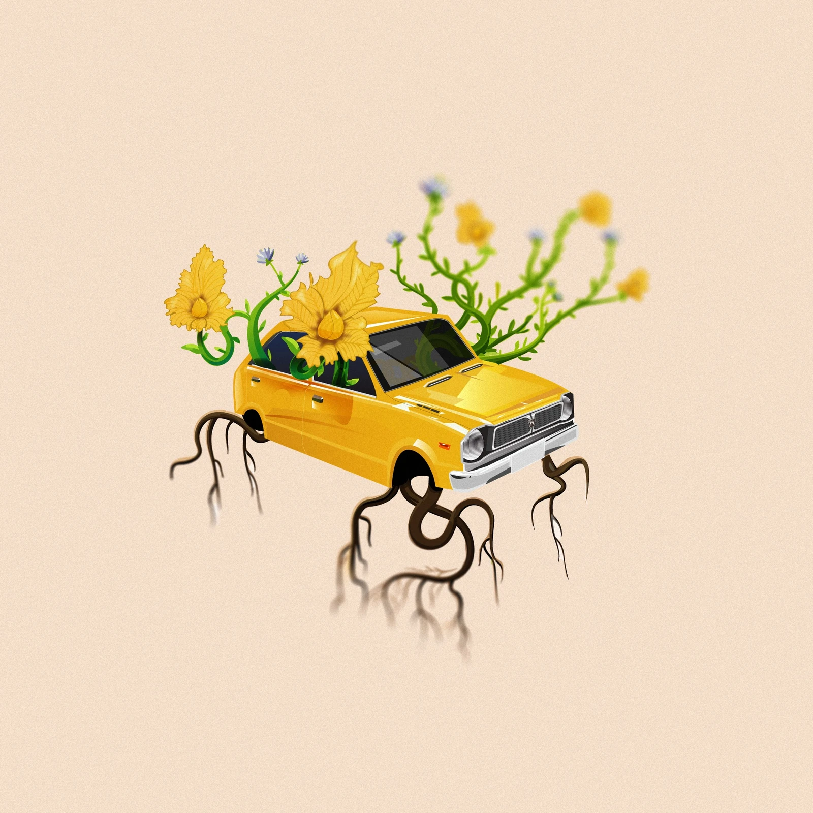 Yellow vintage car illustration with flowers and roots growing from it