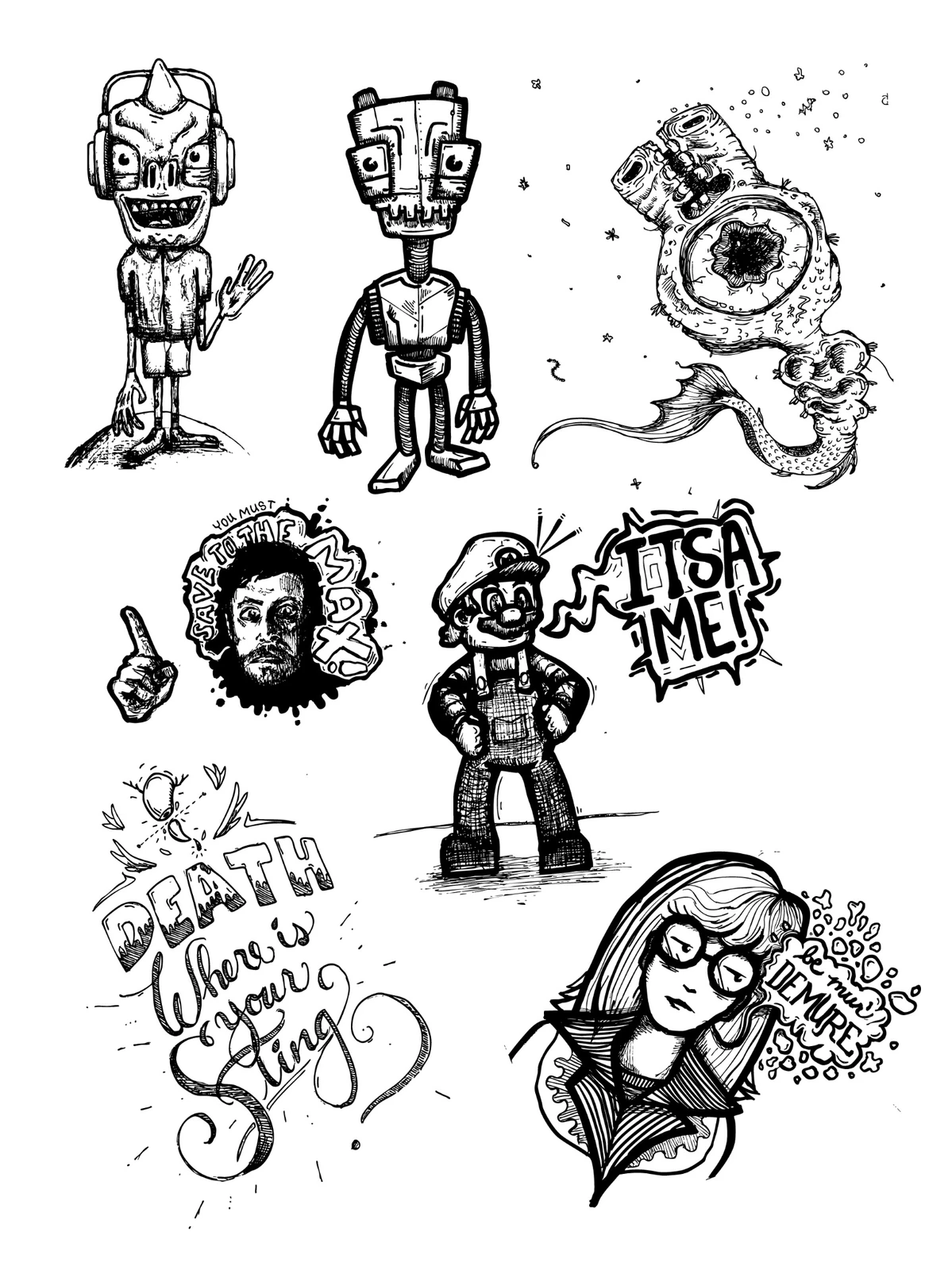 Black-and-white sketchbook page filled with hand-drawn characters and lettering