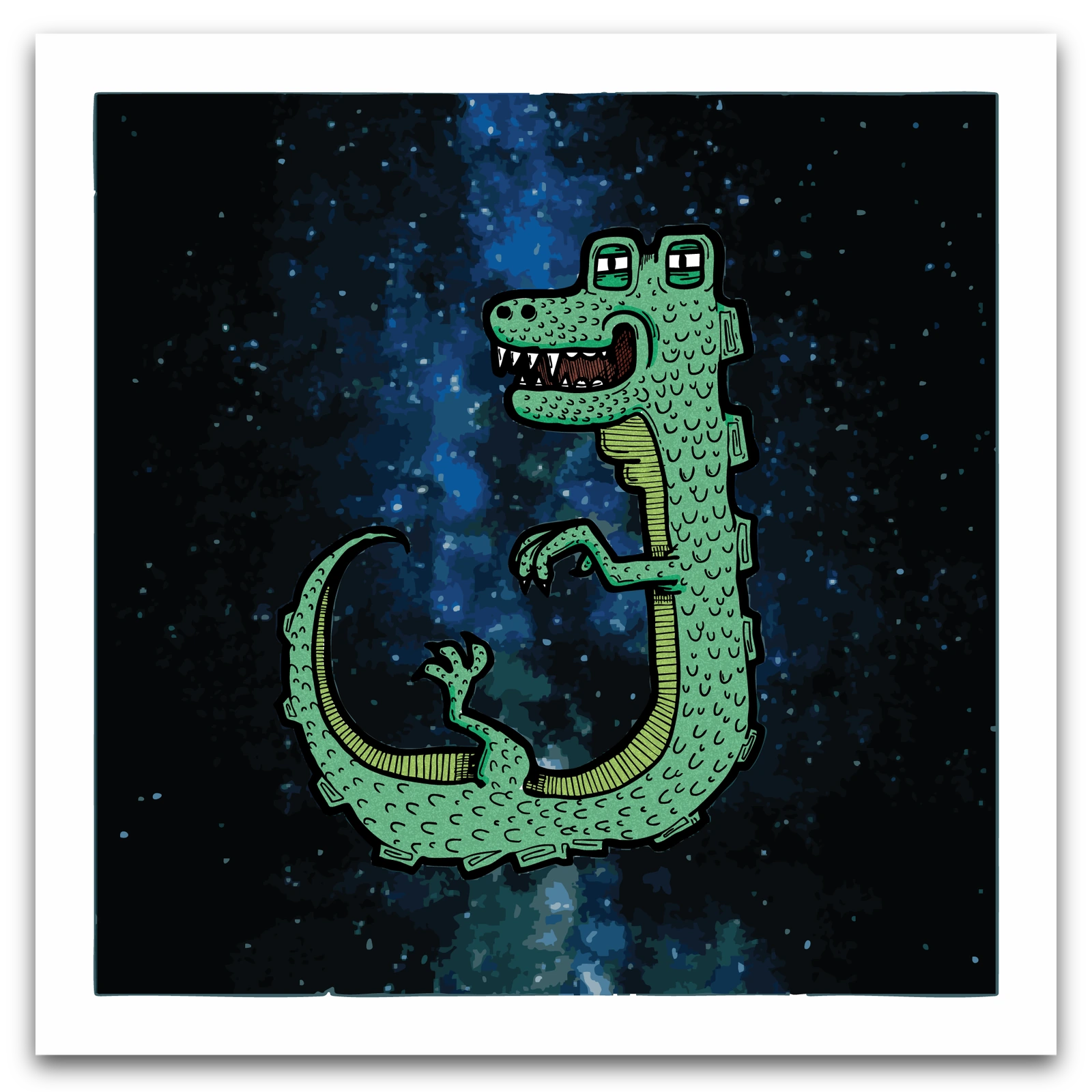 Illustrated green dragon floating against a dark blue space-like background