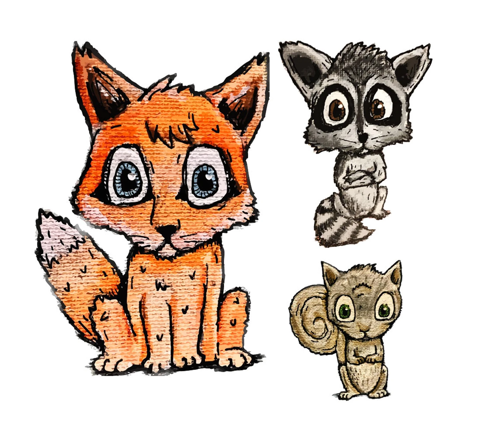 Watercolor-style illustrations of a fox, raccoon, and squirrel