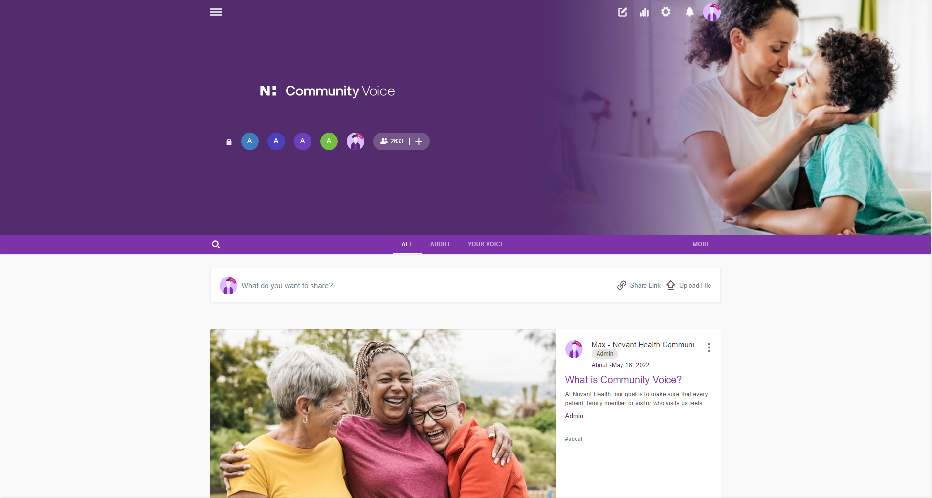Patient-facing Community Voice experience showing the feedback community and ways to participate