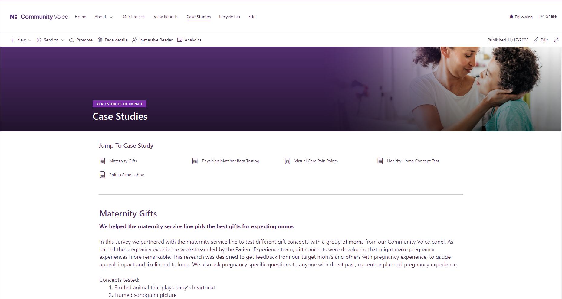 Internal case study view showing how patient feedback informed a project