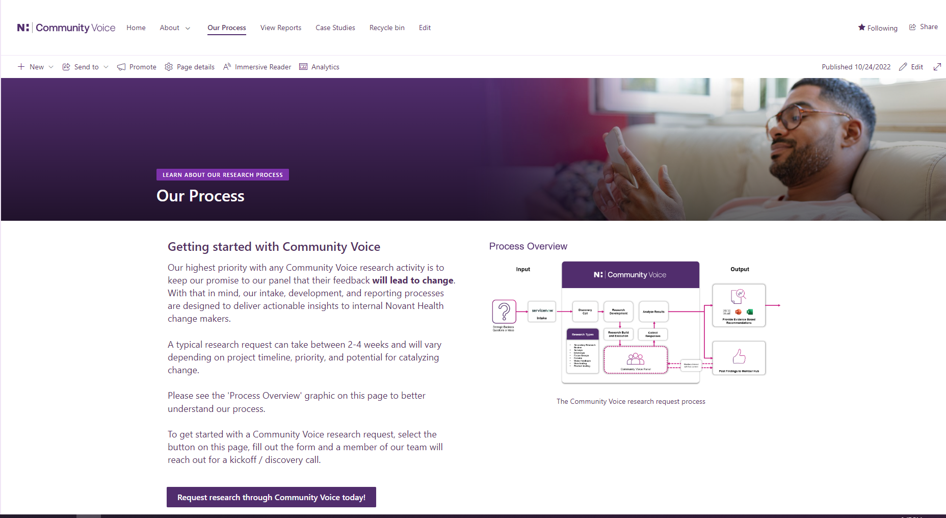 Internal process view showing how patient feedback studies moved through the program