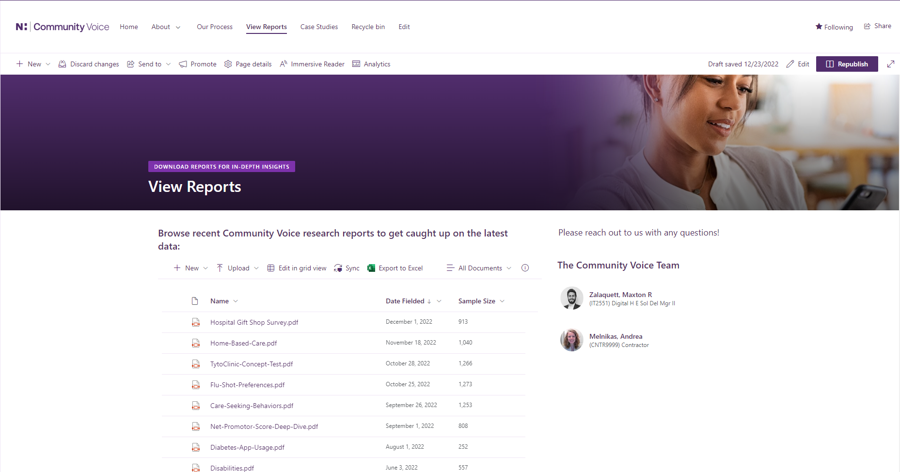 Internal reports view used to review and share patient feedback findings