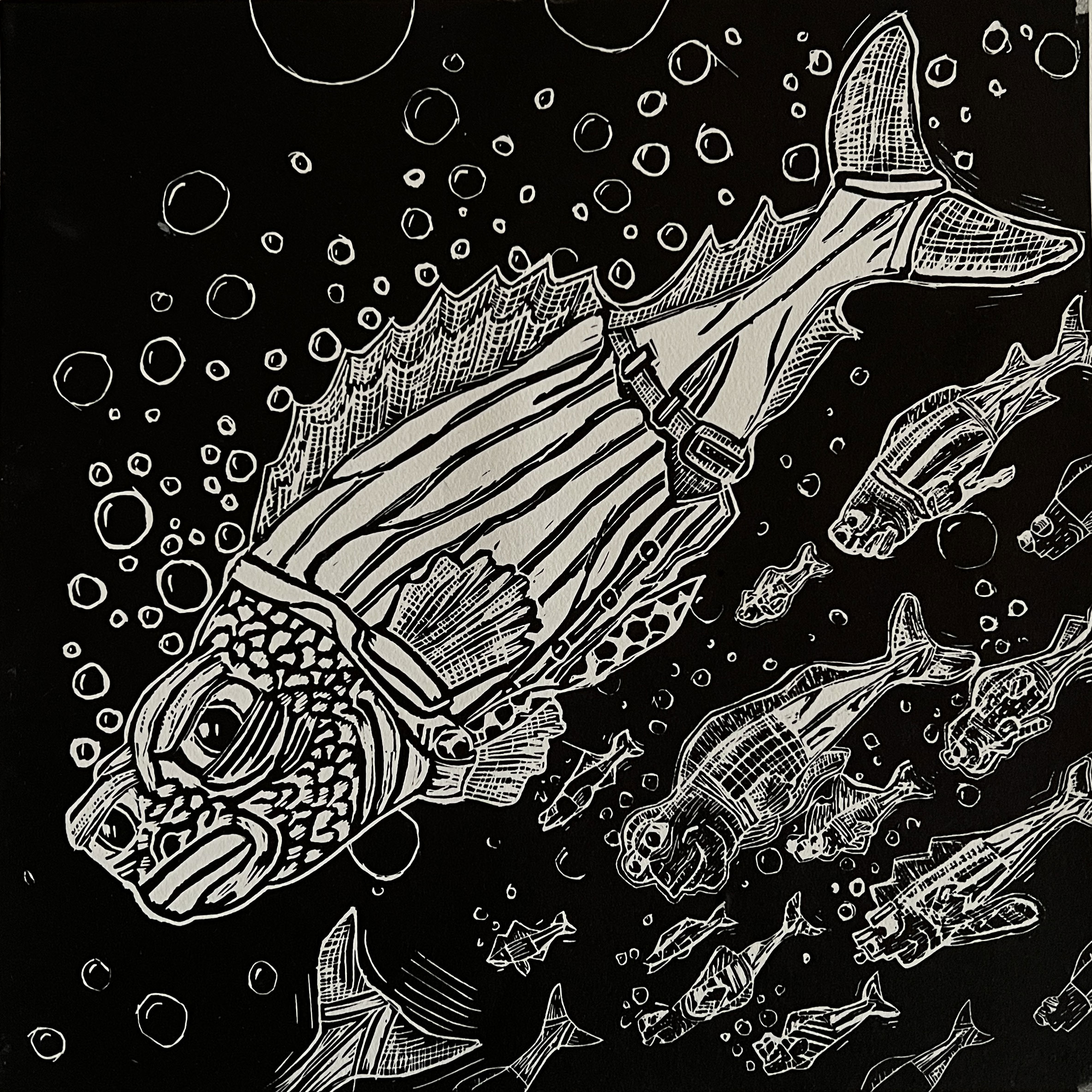 Fish linocut print