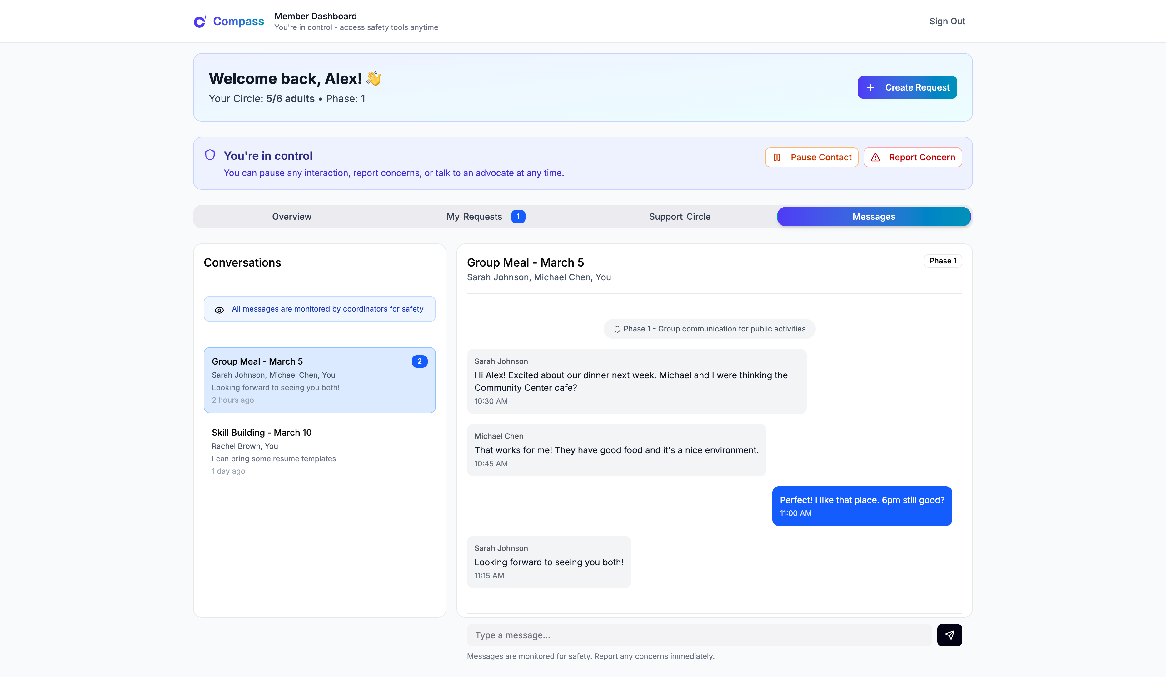 Compass Messages page showing monitored group messaging for a group meal during phase one