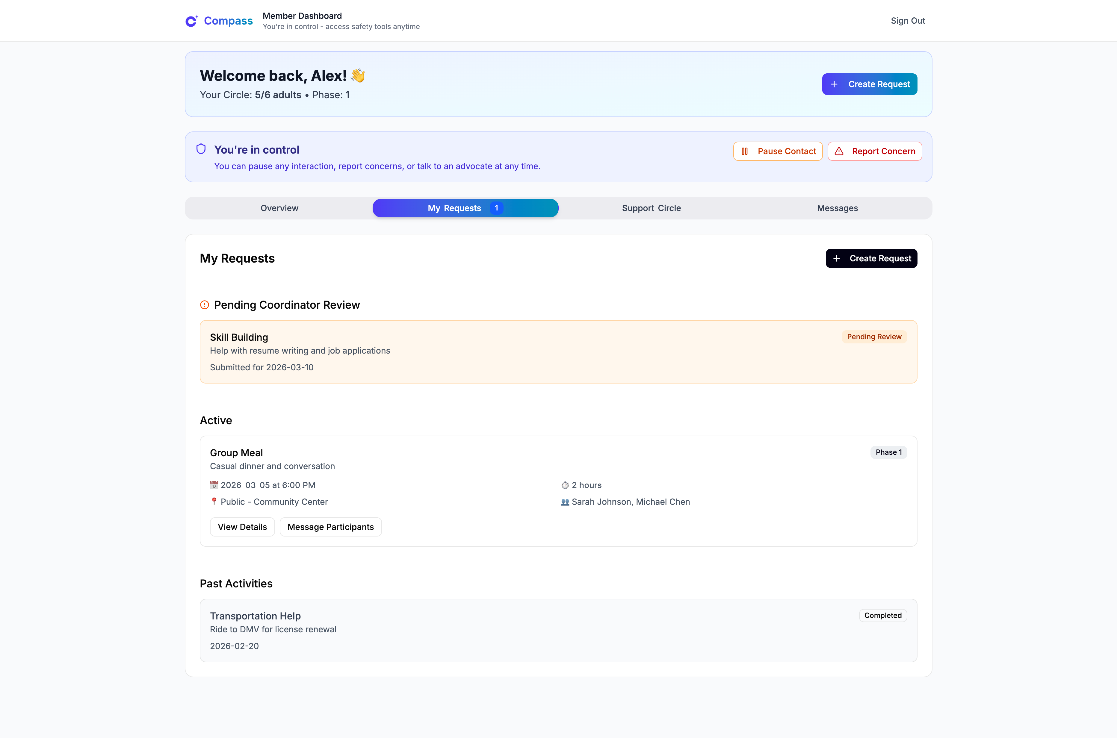 Compass My Requests page showing pending coordinator review, an active group meal request, and a completed transportation request