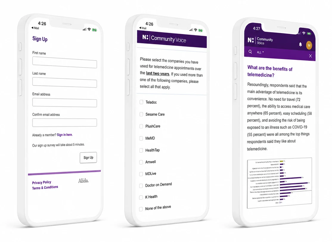 Three Patient Feedback Community mobile screens
